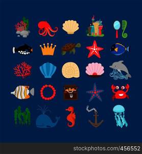 Underwater set. Marine life and underwater plants, treasure and cartoon ocean animals. Vector illustration. Underwater life and ocean animals
