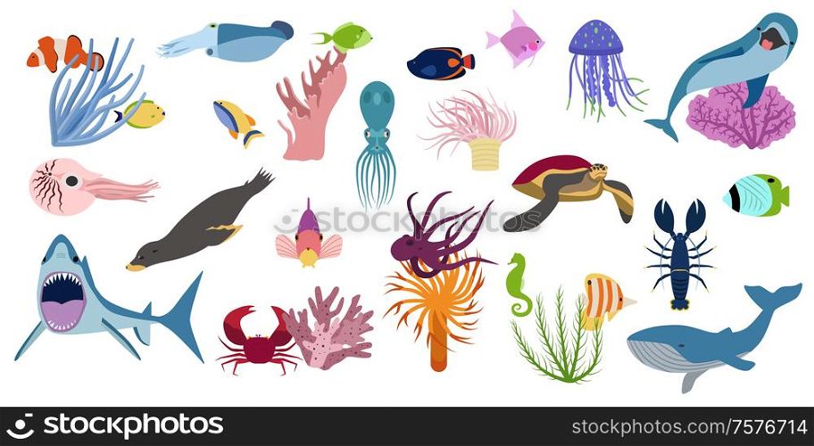 Underwater set with isolated flat cartoon style images of deep-sea fishes shellfish turtles and jellyfishes vector illustration. Underwater Inhabitabts Flat Set