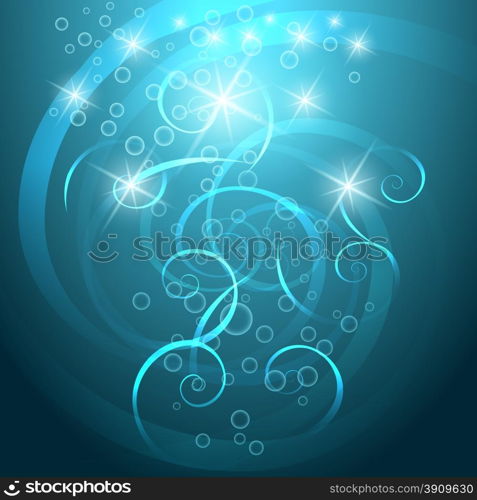 Underwater shine background. Bubbles and glowing lights. Fantasy style.