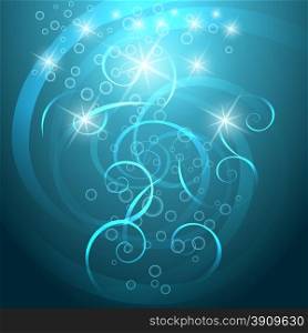 Underwater shine background. Bubbles and glowing lights. Fantasy style.