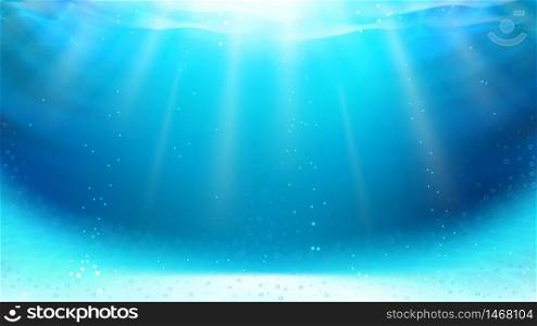 Underwater Swimming Pool With Sun Rays Vector. Underwater With Clean Water, Sunbeams, Bubbles And Shining Sunrays. Place Space For Relaxation And Swim Template Realistic 3d Illustration. Underwater Swimming Pool With Sun Rays Vector