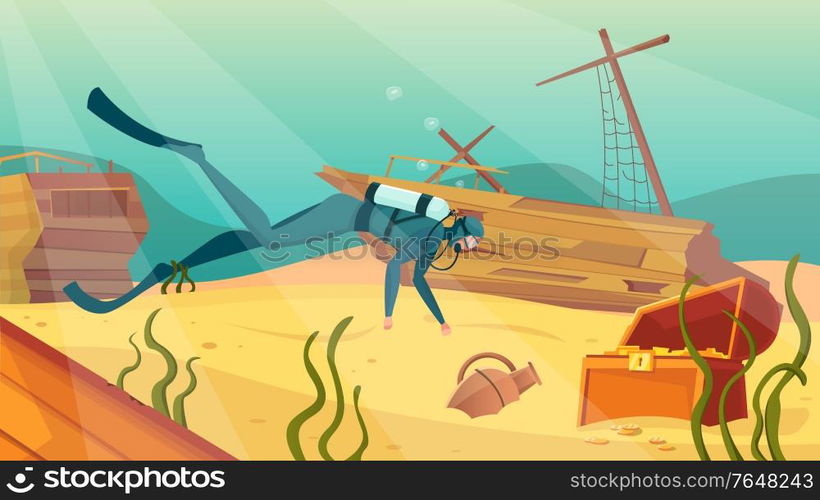 Underwater treasure hunt background with diving quest symbols flat