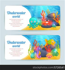 Underwater tropical exotic sea animals horizontal banners set with crab corals and octopus abstract isolated vector illustration