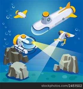 Underwater vehicles including unmanned equipment and submarine, composition on blue background isometric vector illustration. Underwater Vehicles Composition