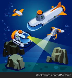 Underwater vehicles including unmanned equipment and submarine, composition on blue background isometric vector illustration. Underwater Vehicles Composition