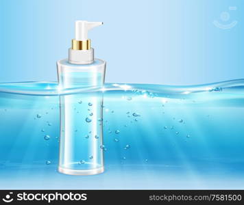 Underwater wave cosmetics moisturizing realistic composition with water logged transparent flask of cosmetic product with dispenser vector illustration