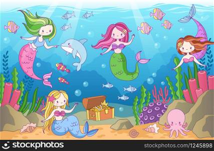 Underwater with mermaids. Seabed with mythical princesses and sea creatures, seaweeds and seashell, octopus, treasure tropical ocean cartoon vector background. Underwater with mermaids. Seabed with mythical princesses and sea creatures, seaweeds and seashell, octopus, treasure cartoon vector background