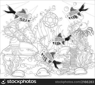 Underwater world. Anti stress coloring book for adult. Outline drawing coloring page. Black and white in zentangle style. Sea, shells. Marine theme.. Underwater world. Anti stress coloring book for adult. Outline drawing coloring page. Black and white in zentangle style. Sea, shells.