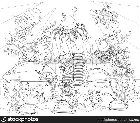 Underwater world. Anti stress coloring book for adult. Outline drawing coloring page. Black and white in zentangle style. Sea, shells. Marine theme.. Underwater world. Anti stress coloring book for adult. Outline drawing coloring page. Black and white in zentangle style. Sea, shells.