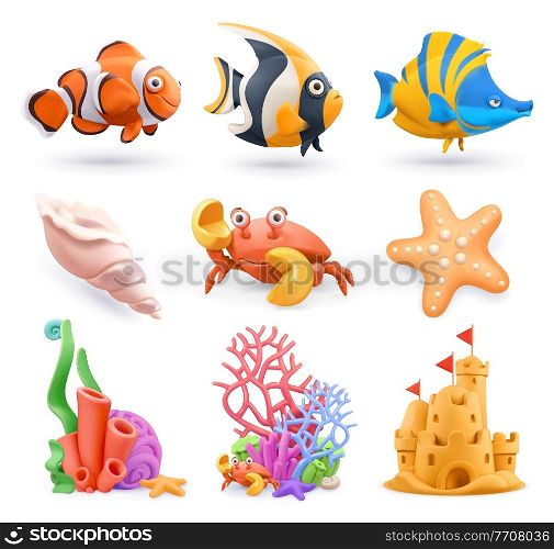 Underwater world cartoon icon set. Tropical fish, corals, sand castle, starfish, shell, crab. 3d vector plasticine art objects