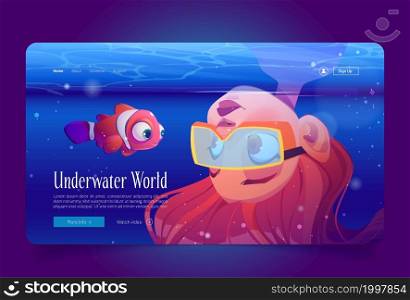 Underwater world cartoon landing page, scuba diver girl wear glasses look on clown fish in sea. Young woman explore ocean fauna, snorkeling recreation, diving, learning undersea life Vector web banner. Underwater world cartoon landing page, diving