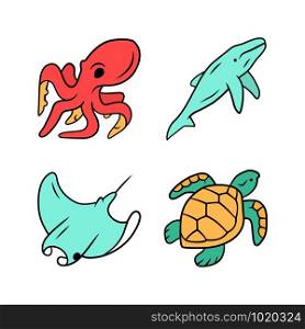 Underwater world color icons set. Swimming octopus, squid, turtle, whale. Ocean animals, undersea wildlife. Zoology and marine fauna. Aquatic creatures. Water organism. Isolated vector illustrations