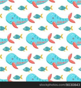 Underwater world colorful baby seamless pattern. Background with sea fish and whale. Bright digital paper with ocean inhabitants. Print characters for wallpaper, textile, paper and design, vector illustration. Underwater world colorful baby seamless pattern
