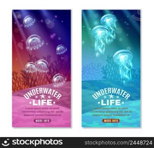 Underwater world colorful vertical banners set with transparent purple turquoise blue marine creatures isolated vector illustration. Underwater Colorful Banners Set