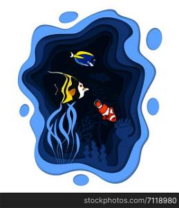 Underwater world design with coral reef fishes in paper cut style. Exotic aquarium vector illustration. Deep blue marine life, diving business. Ocean underwater wildlife. Caribbean aquatic coral fauna. Underwater world design with coral reef fishes