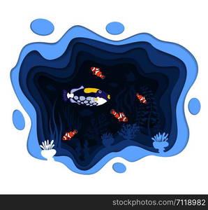 Underwater world design with coral reef fishes in paper cut style. Exotic aquarium vector illustration. Deep blue marine life, diving business. Ocean underwater wildlife. Caribbean aquatic coral fauna. Underwater world design with coral reef fishes