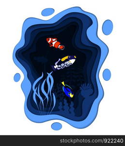 Underwater world design with coral reef fishes in paper cut style. Exotic aquarium vector illustration. Deep blue marine life, diving business. Ocean underwater wildlife. Caribbean aquatic coral fauna. Underwater world design with coral reef fishes