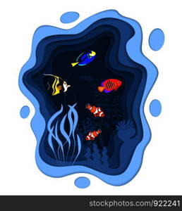 Underwater world design with coral reef fishes in paper cut style. Exotic aquarium vector illustration. Deep blue marine life, diving business. Ocean underwater wildlife. Caribbean aquatic coral fauna. Underwater world design with coral reef fishes