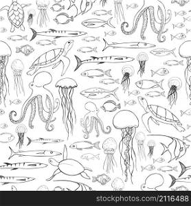Underwater world. Hand drawn fish, jellyfish, turtles and octopuses. Vector seamless pattern