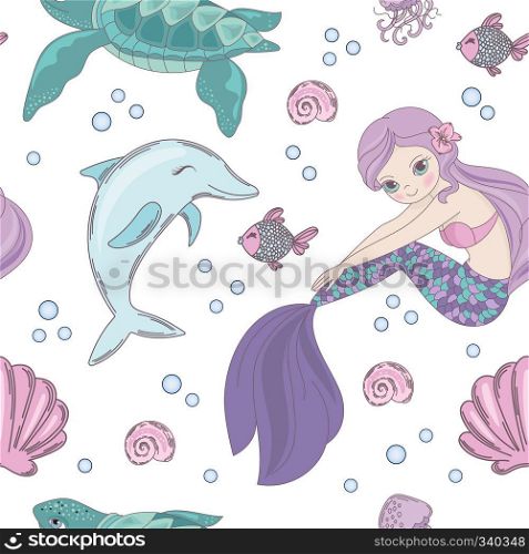 UNDERWATER WORLD Mermaid Seamless Pattern Vector Illustration