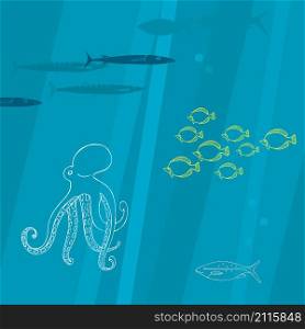 Underwater world. Octopus and fish.Vector illustration