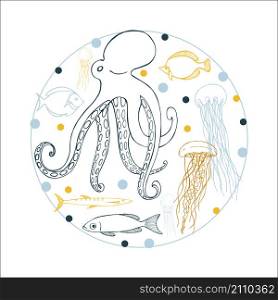 Underwater world. Octopus, jellyfish and fish. Vector background
