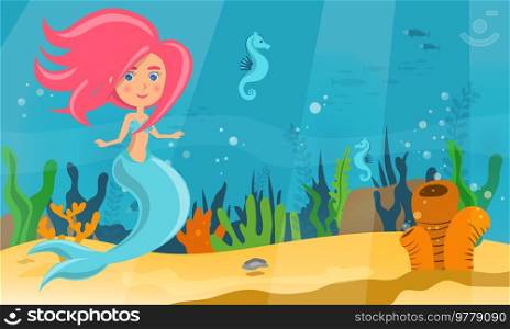 Underwater world of mermaid, fish and sea horses. Ocean floor with sand, corals, sea inhabitants and algae. Girl with fish tail and long pink hair. Wild nature of marine life, water nymph, cute nixie. Underwater world of mermaid, fish and sea horses. Wild nature of marine life water nymph cute nixie
