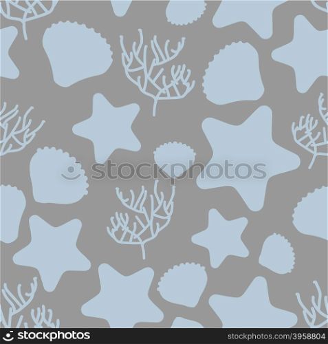 Underwater world seamless pattern. Silhouettes of marine life: starfish and Scallop and Corals on grey background. Vector retro fabric ornament.