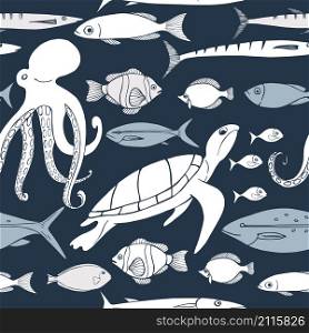 Underwater world. Turtle, octopus and fish.Vector seamless pattern.