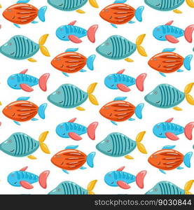 Underwater worldy kid background. Seamless pattern with marine colorful fish. Digital paper with ocean inhabitants. Baby print for wallpaper, textile, paper and design, vector illustration. Underwater worldy kid background