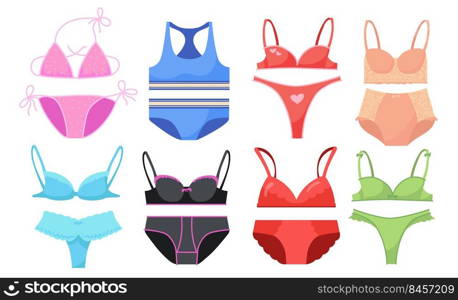 Underwear for women set. Colorful laced bikini, bras and panties isolated on white. Vector illustrations for trendy lingerie, fashion, clothes concept
