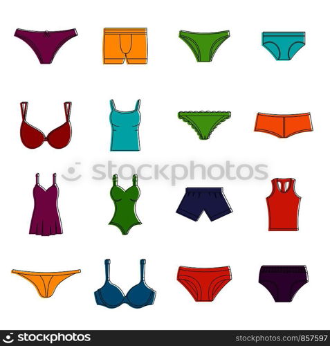 Underwear items icons set. Doodle illustration of vector icons isolated on white background for any web design. Underwear items icons doodle set