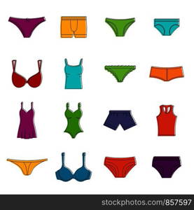 Underwear items icons set. Doodle illustration of vector icons isolated on white background for any web design. Underwear items icons doodle set