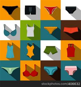 Underwear items icons set. Flat illustration of 16 Underwear items vector icons for web. Underwear items icons set, flat style