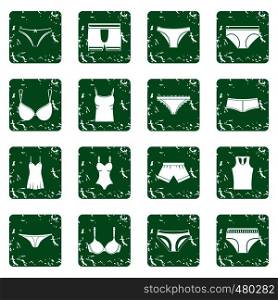 Underwear items icons set in grunge style green isolated vector illustration. Underwear items icons set grunge