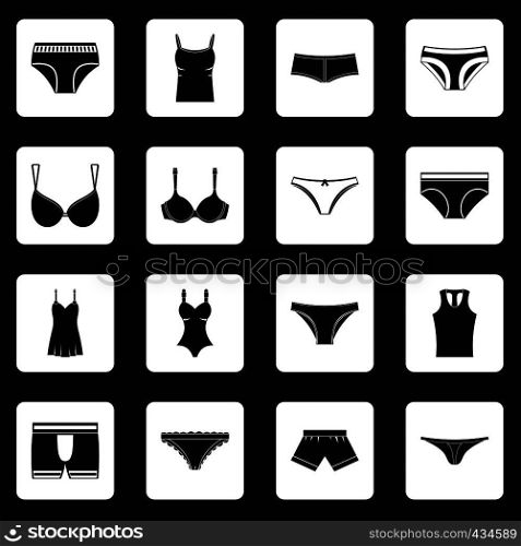 Underwear items icons set in white squares on black background simple style vector illustration. Underwear items icons set squares vector
