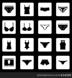 Underwear items icons set in white squares on black background simple style vector illustration. Underwear items icons set squares vector