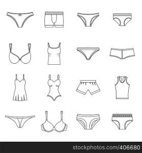 Underwear items icons set. Outline illustration of 16 Underwear items vector icons for web. Underwear items icons set, outline style