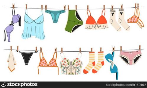 Underwear on ropes. Women panties and bras drying on clothesline, beautiful ladies lingerie, color female undergarment, colorful bikini and swimwear, tidy vector cartoon flat style isolated concept. Underwear on ropes. Women panties and bras drying on clothesline, beautiful ladies lingerie, color female undergarment, colorful bikini and swimwear, tidy vector cartoon flat concept