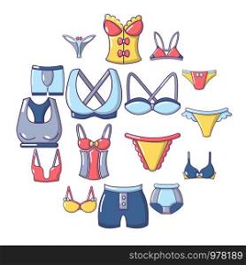 Underwear types icons set. Cartoon illustration of 16 underwear types vector icons for web. Underwear types icons set, cartoon style