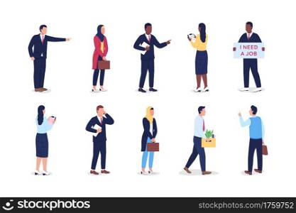 Unemployed flat color vector faceless character set. Boss firing worker. Work resignation. Dismissed employees isolated cartoon illustration for web graphic design and animation collection. Unemployed flat color vector faceless character set