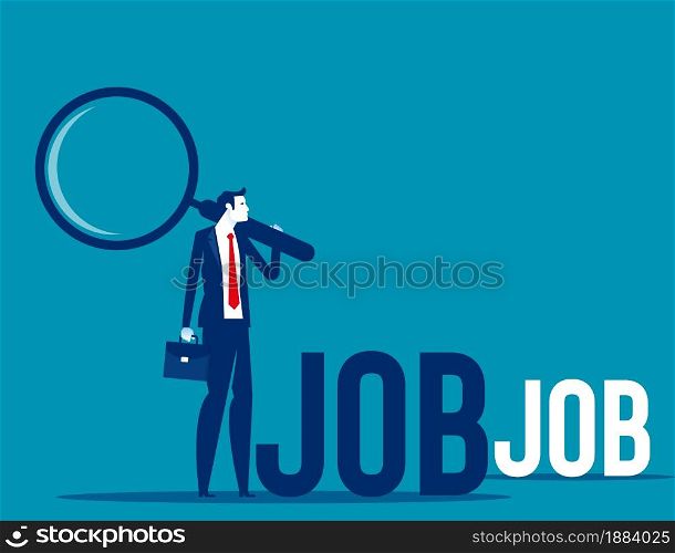 Unemployed holds magnifying glass. Office worker looking for job
