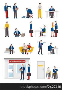 Unemployed people flat collection with isolated human characters of redundant workers in different life situations vector illustration. Unemployed People Characters Set