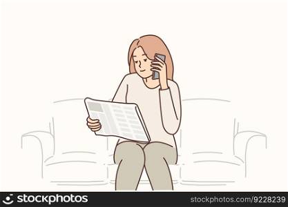 Unemployed woman sits on sofa with newspaper calling potential employers who have placed ads in press. Girl holds newspaper with vacancies and passes telephone interview for current positions. Unemployed woman sits on sofa with newspaper calling potential employers have placed ads in press