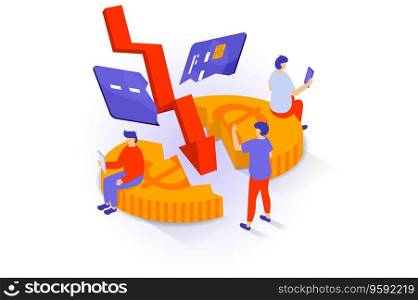 Unemployment and crisis concept in 3d isometric design. People crushing credit card and coin, loses savings, bankruptcy and financial problem. Vector illustration with isometry scene for web graphic