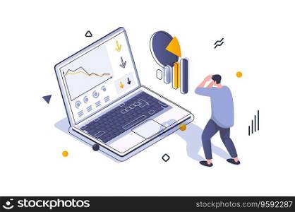 Unemployment crisis concept in 3d isometric design. Man analysis company graphs with arrows down, financial problem and recession. Vector illustration with isometric people scene for web graphic