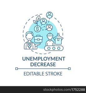Unemployment decrease concept icon. Decline in unemployment rate idea thin line illustration. Economic crisis and gainful work. Vector isolated outline RGB color drawing. Editable stroke. Unemployment decrease concept icon