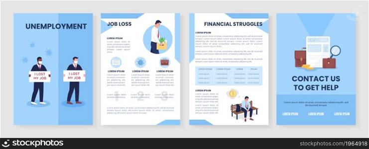Unemployment help flat vector brochure template. Flyer, booklet, printable leaflet design with flat illustrations. Magazine page, cartoon reports, infographic posters with text space. Unemployment help flat vector brochure template