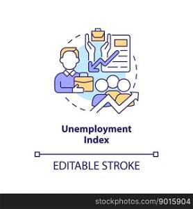 Unemployment index concept icon. Lagging factor. Economic analysis key abstract idea thin line illustration. Isolated outline drawing. Editable stroke. Arial, Myriad Pro-Bold fonts used. Unemployment index concept icon