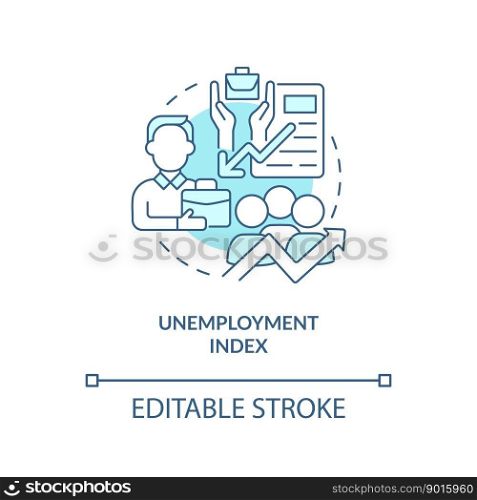 Unemployment index turquoise concept icon. Lagging factor. Economic analysis key abstract idea thin line illustration. Isolated outline drawing. Editable stroke. Arial, Myriad Pro-Bold fonts used. Unemployment index turquoise concept icon